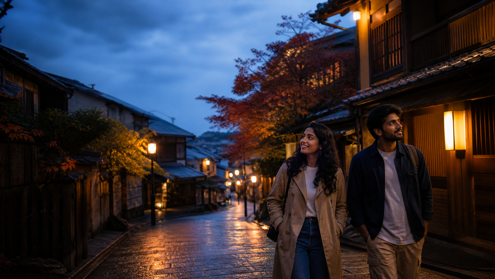 Sri Lankan travellers walking through a lantern-lit traditional lane in Kyoto, Japan