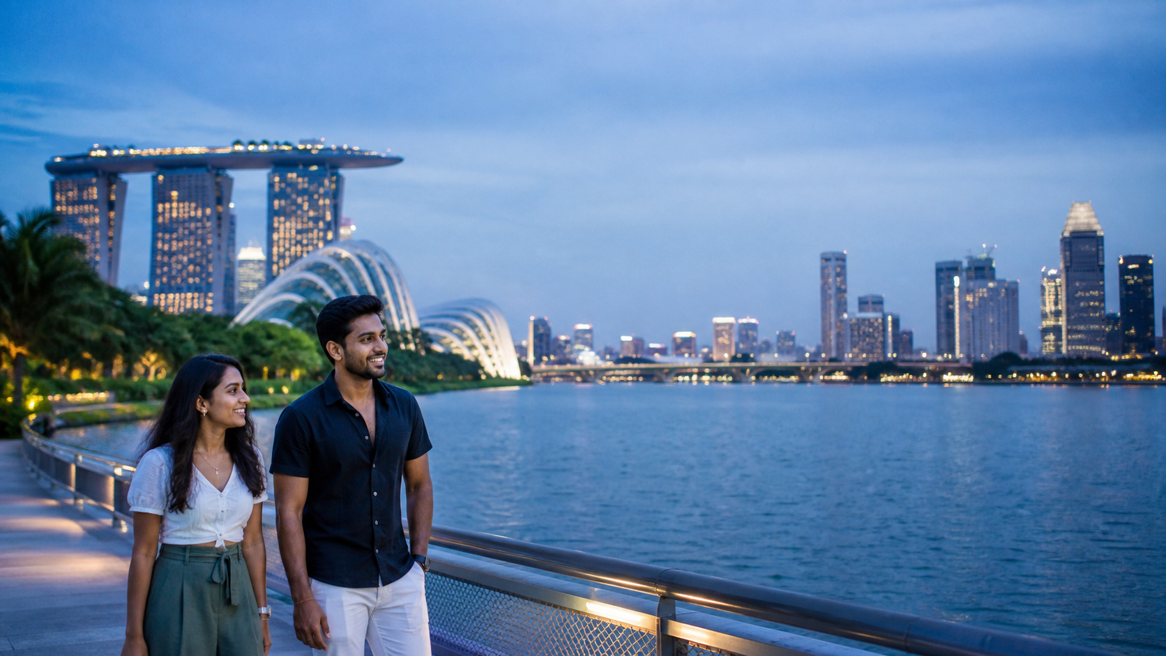 Sri Lankan woman and man exploring Marina Bay and the Singapore skyline at blue hour