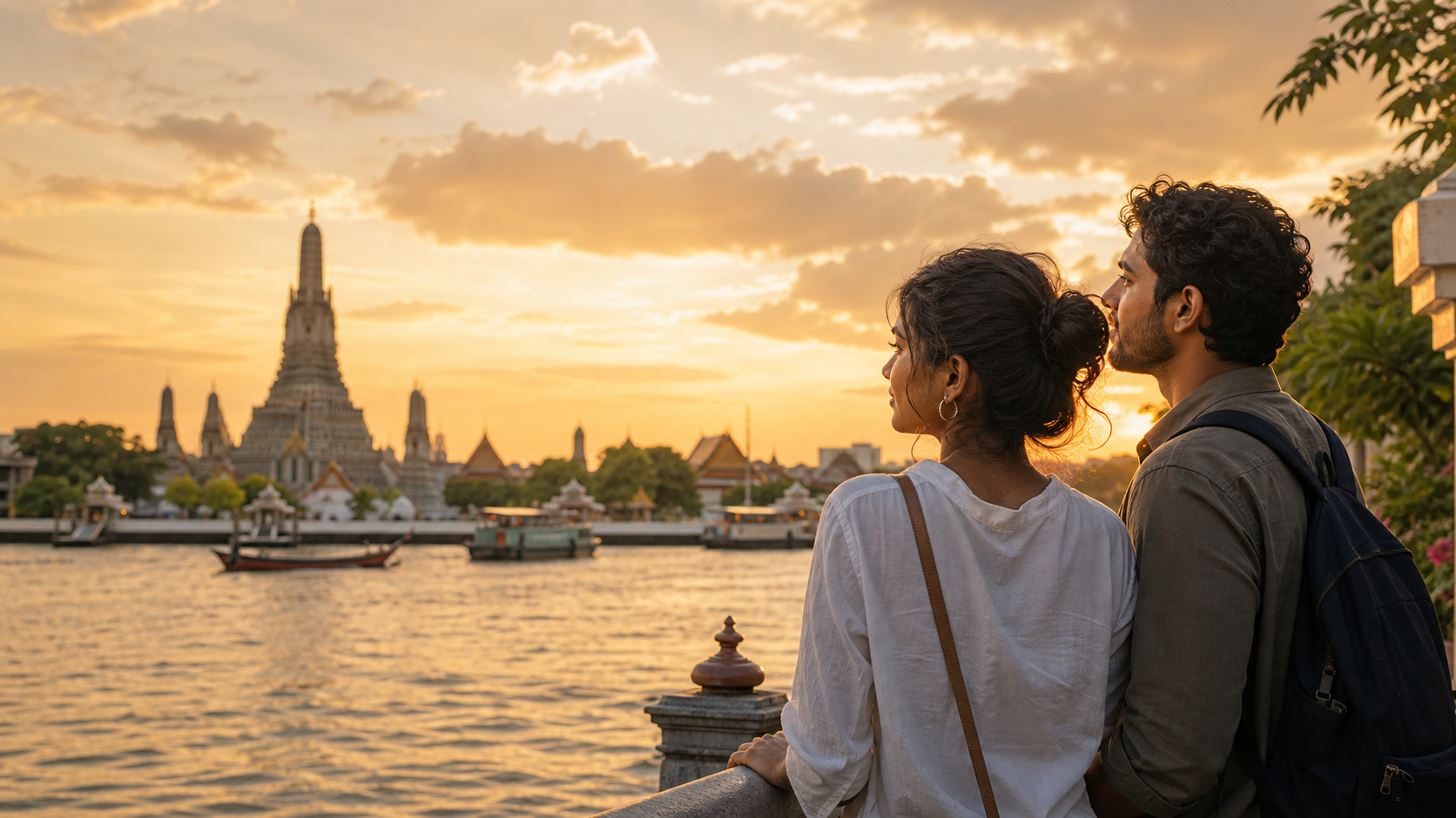 Sri Lankan woman and man overlooking Wat Arun across the Chao Phraya River in Bangkok at sunset