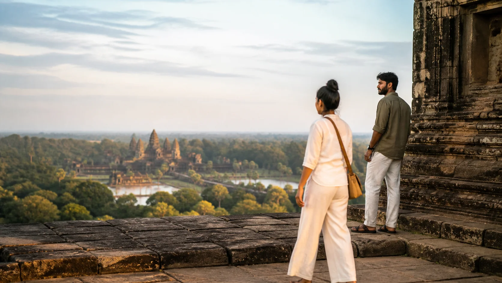 Sri Lankan woman and man experiencing Angkor Stories in Cambodia