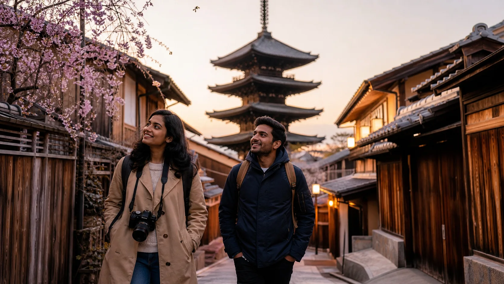 Sri Lankan woman and man experiencing Japan First in Japan