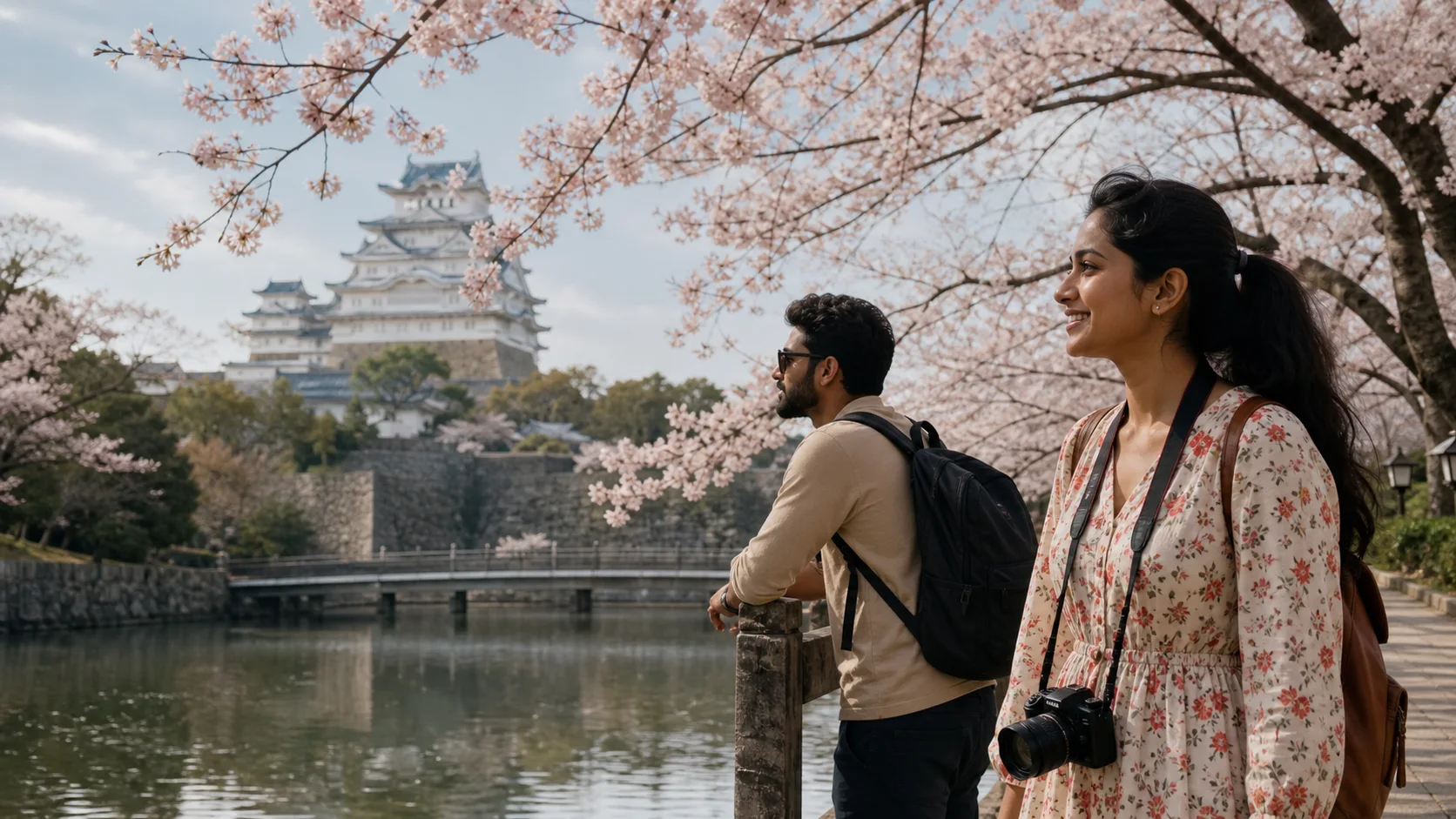 Sri Lankan woman and man experiencing Japan Sakura in Japan