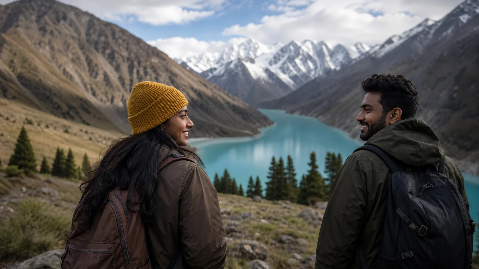 Sri Lankan woman and man experiencing Kazakhstan Wild in Kazakhstan
