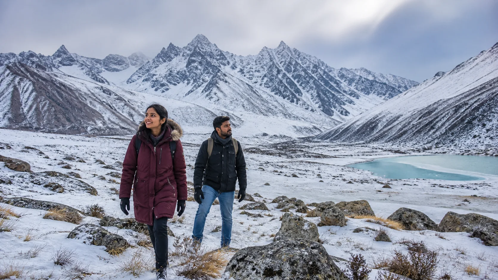 Sri Lankan woman and man experiencing Kazakhstan Winter in Kazakhstan