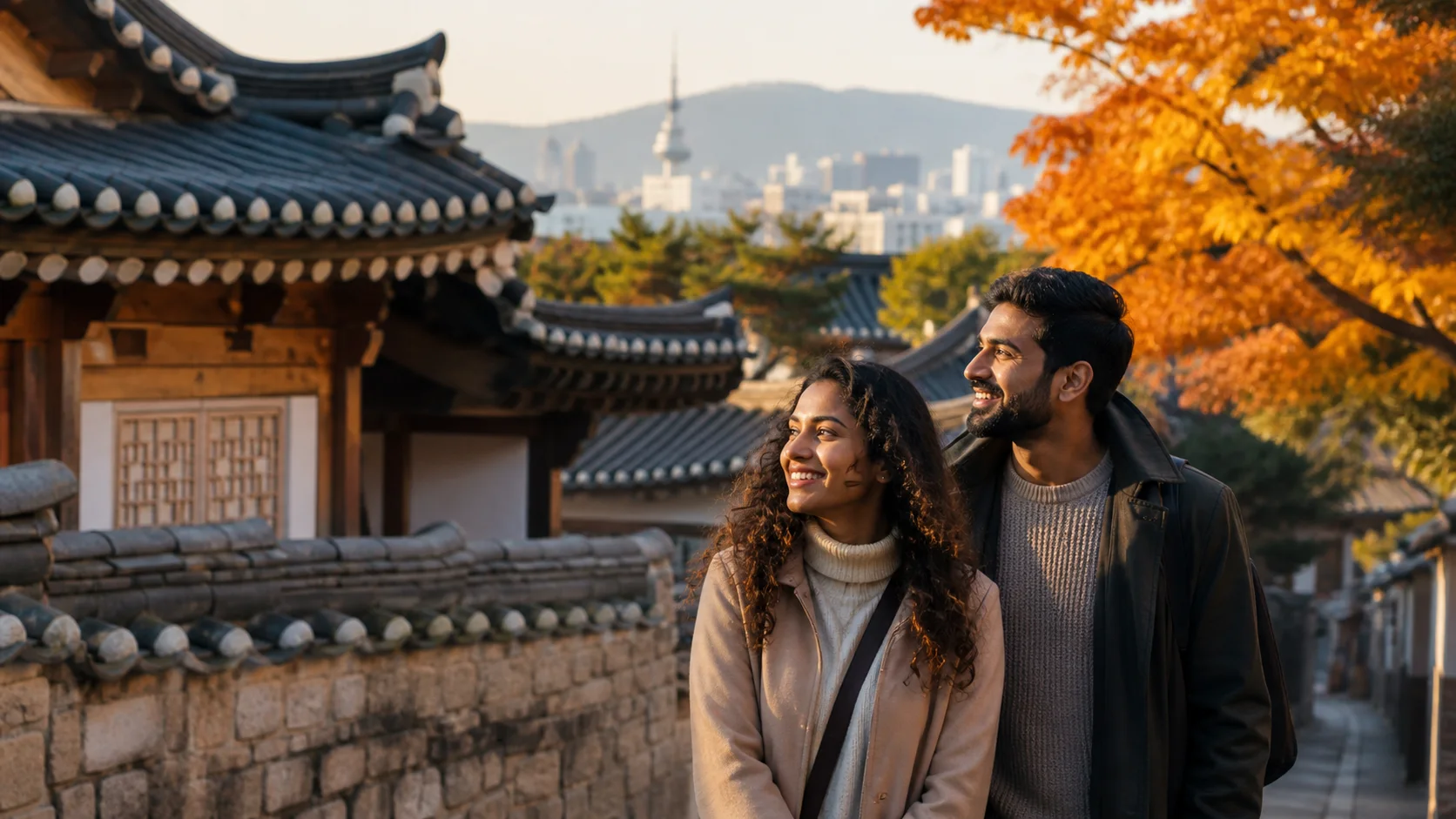 Sri Lankan woman and man experiencing Korea Autumn in South Korea