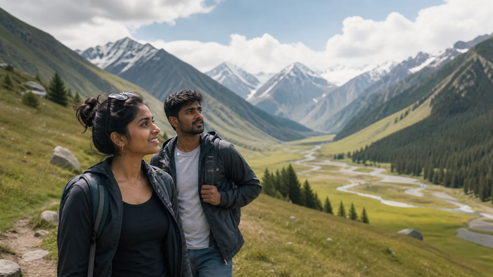 Sri Lankan woman and man experiencing Kyrgyzstan Wild in Kyrgyzstan