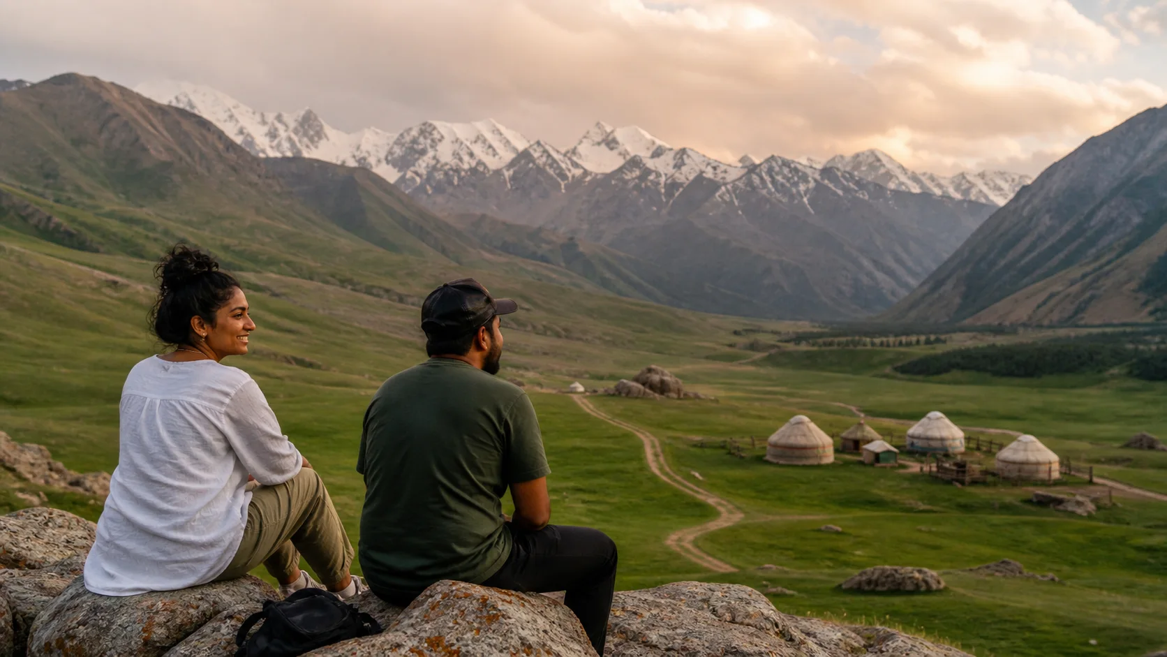 Sri Lankan woman and man experiencing Nomad Stories in Kyrgyzstan