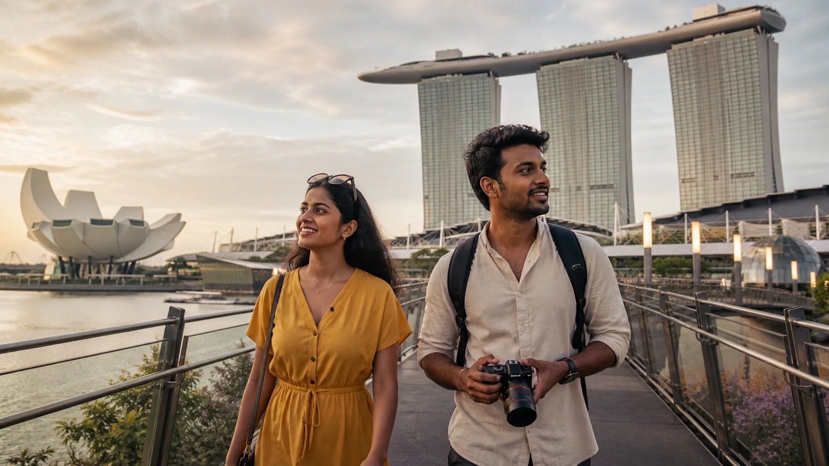 Sri Lankan woman and man experiencing Singapore First in Singapore