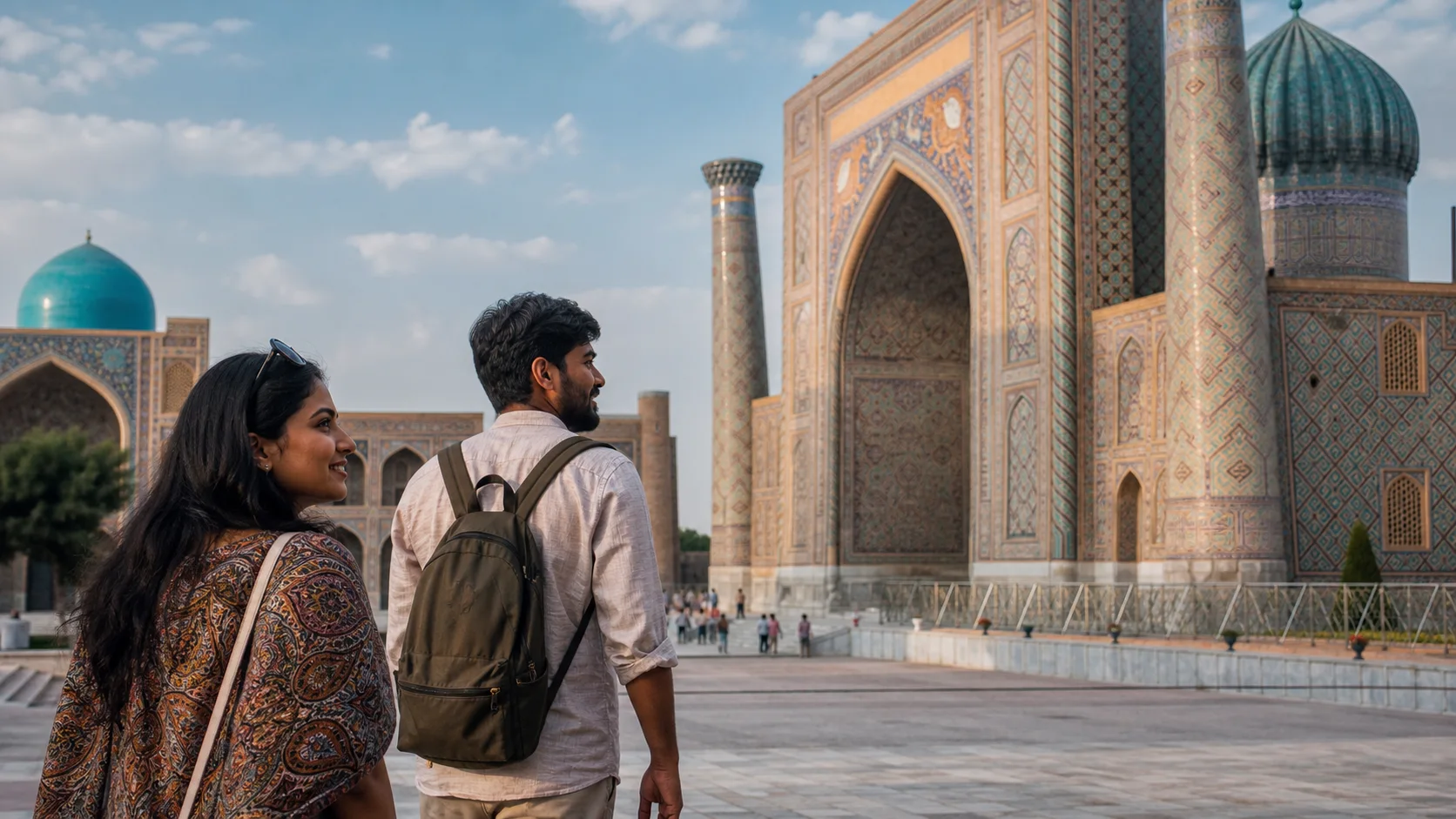Sri Lankan woman and man experiencing Uzbekistan Heritage in Uzbekistan