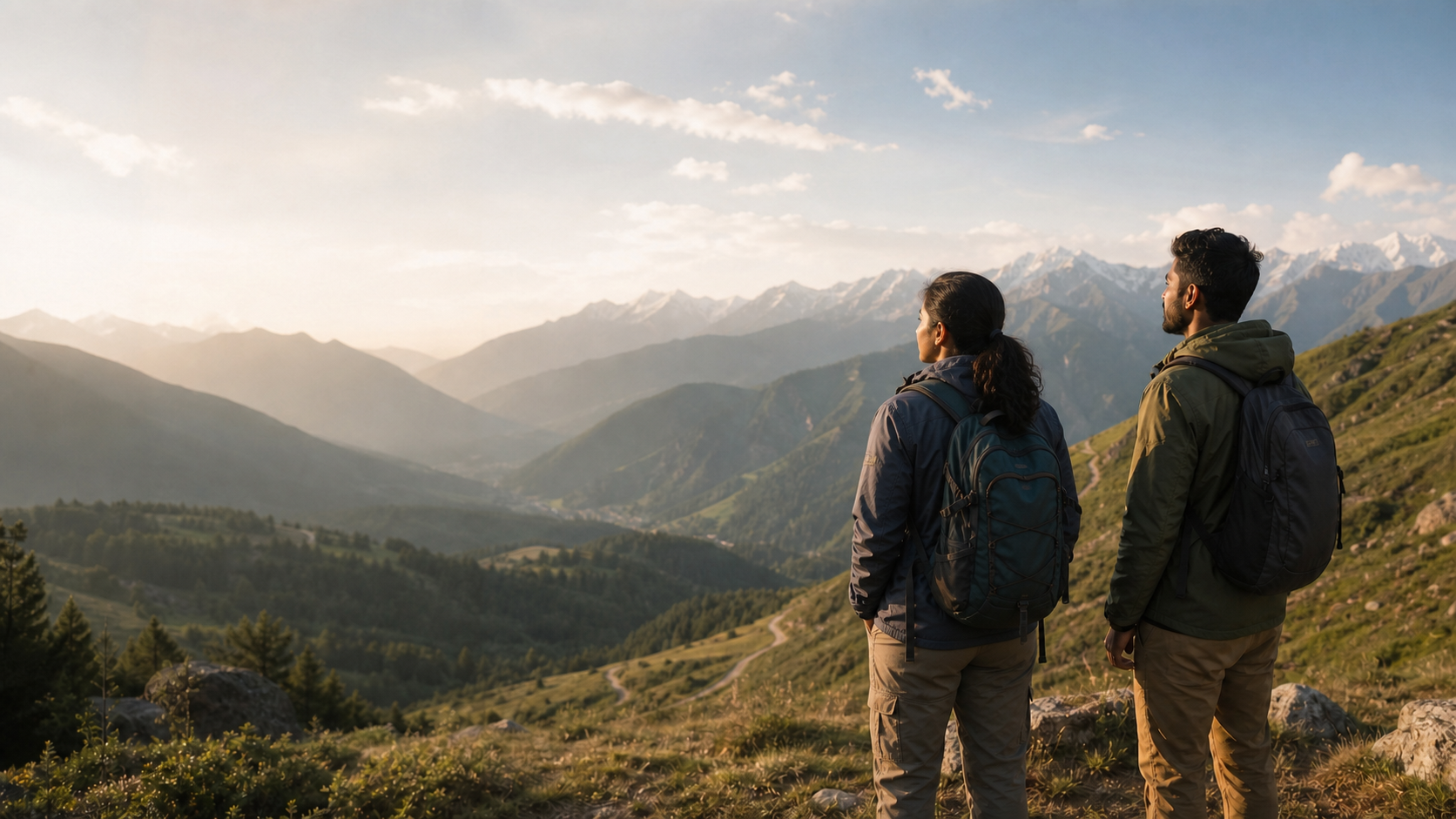 A Sri Lankan woman and man overlooking a Central Asian mountain valley